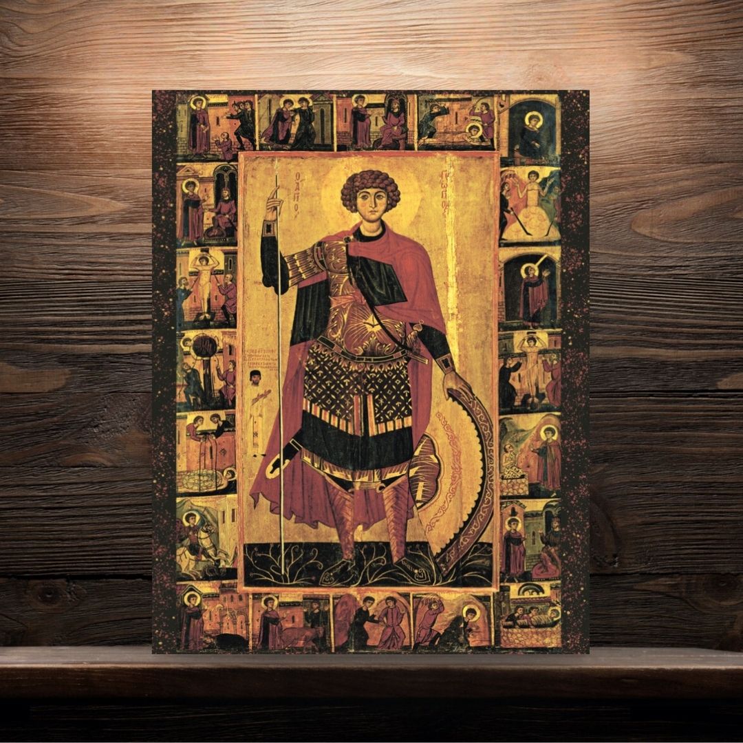 Christian Orthodox icon of Saint George the Great Martyr and scenes from his passion