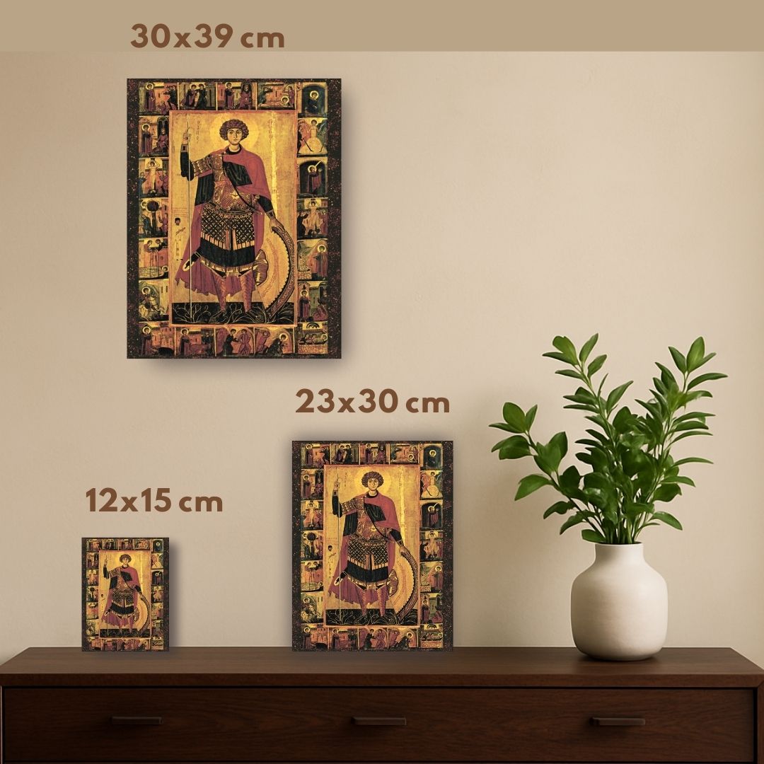 Life of Saint George Orthodox icon with narrative scenes of miracles and martyrdom