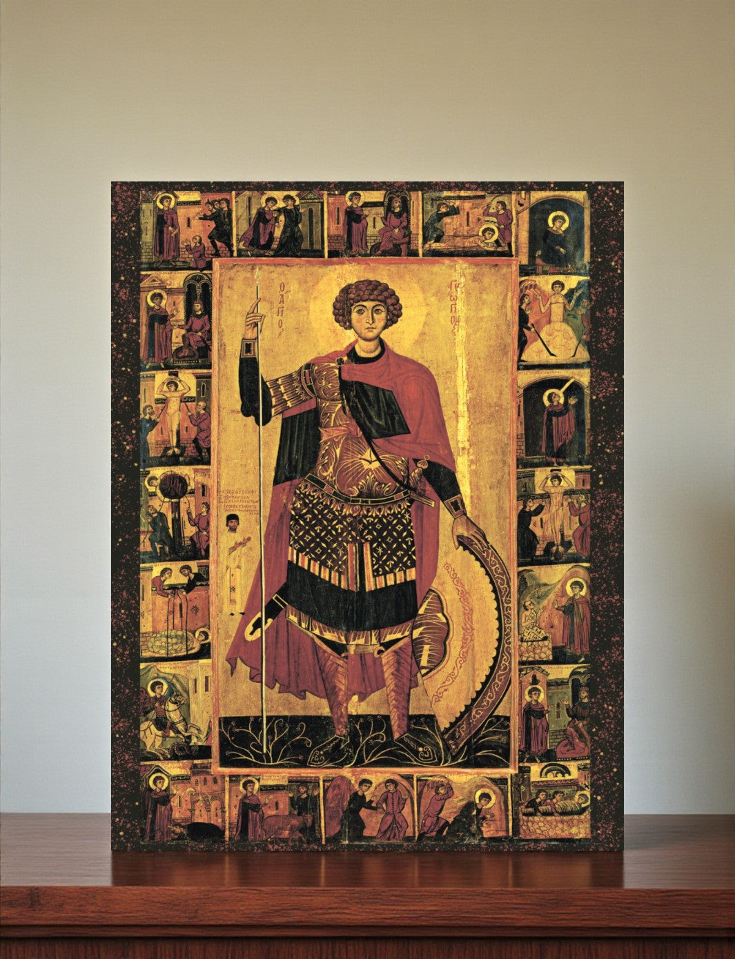 Saint George slaying the dragon – central panel of Orthodox icon with kleima
