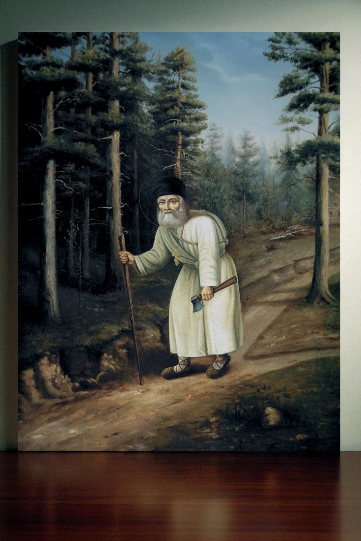Saint Seraphim of Sarov in the Forest Orthodox Wooden Icon Handmade Christian Wall Art