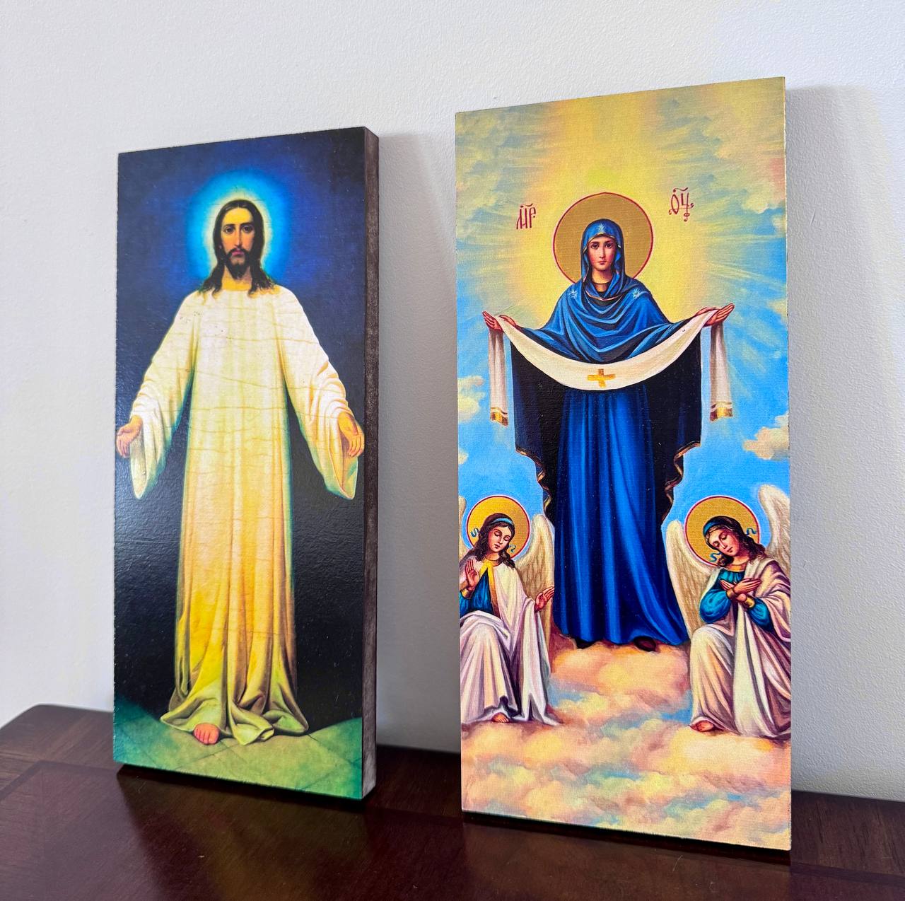 Set of devotional Christian icons printed on wood