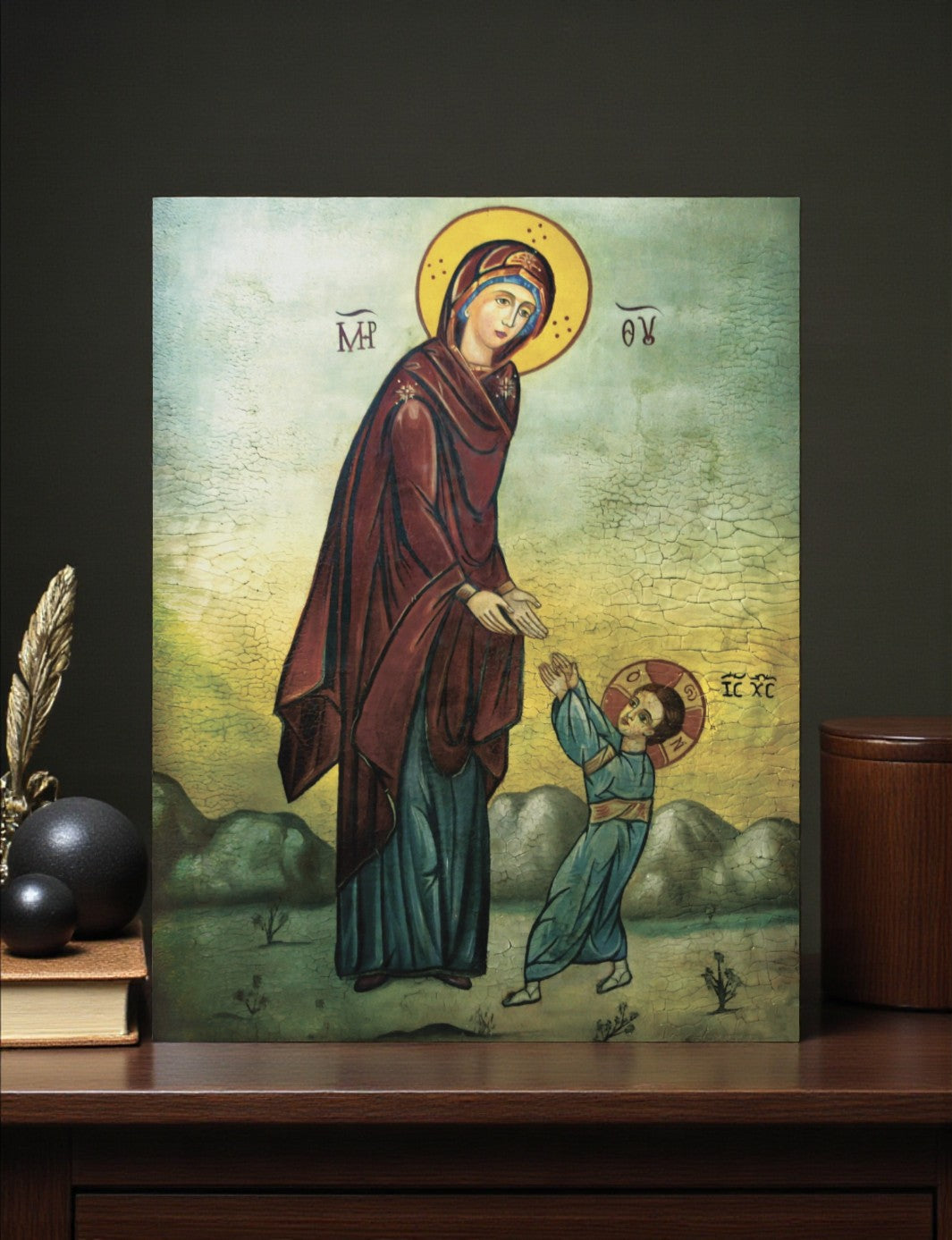 Orthodox icon of the Virgin Mary bending toward the Christ Child with love
