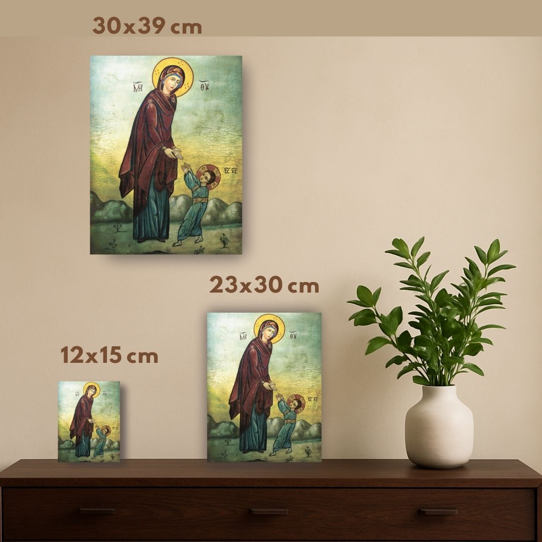 Handmade Christian icon of Jesus Christ’s first steps and the loving Theotokos