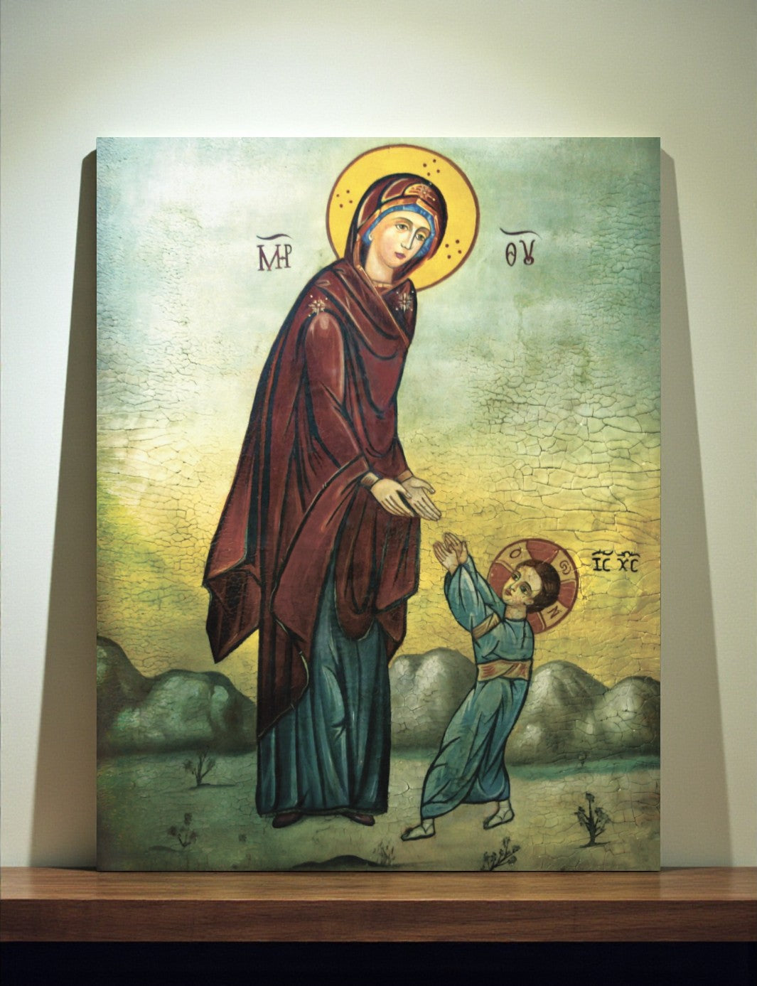 Rare icon of the Holy Family during the Flight into Egypt, Infant Christ walking to His Mother