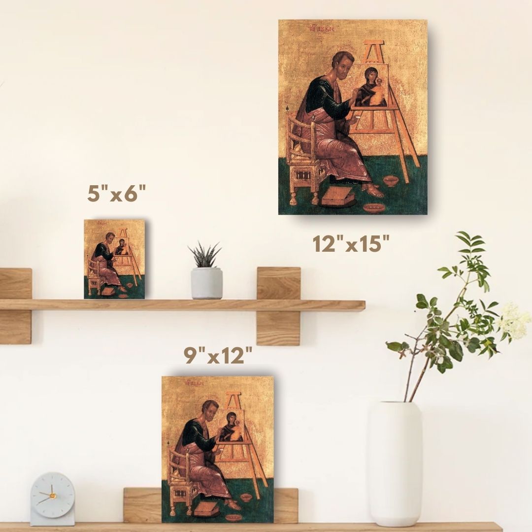 In this icon, St. Luke is shown holding an image of the Theotokos, reminding us of his sacred role as the patron and heavenly protector of all iconographers