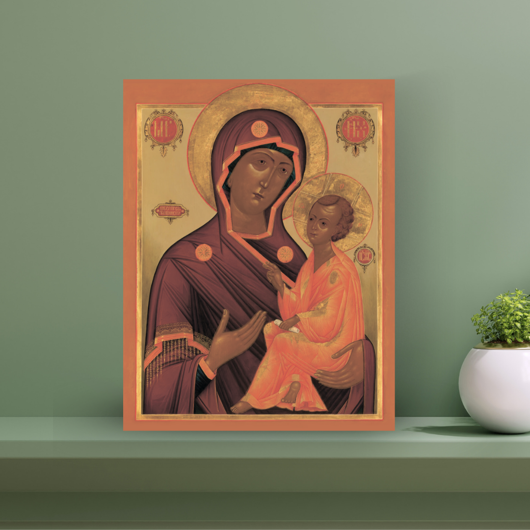Wooden Orthodox icon of Mother of God with Christ, inspired by Tikhvin miraculous image
