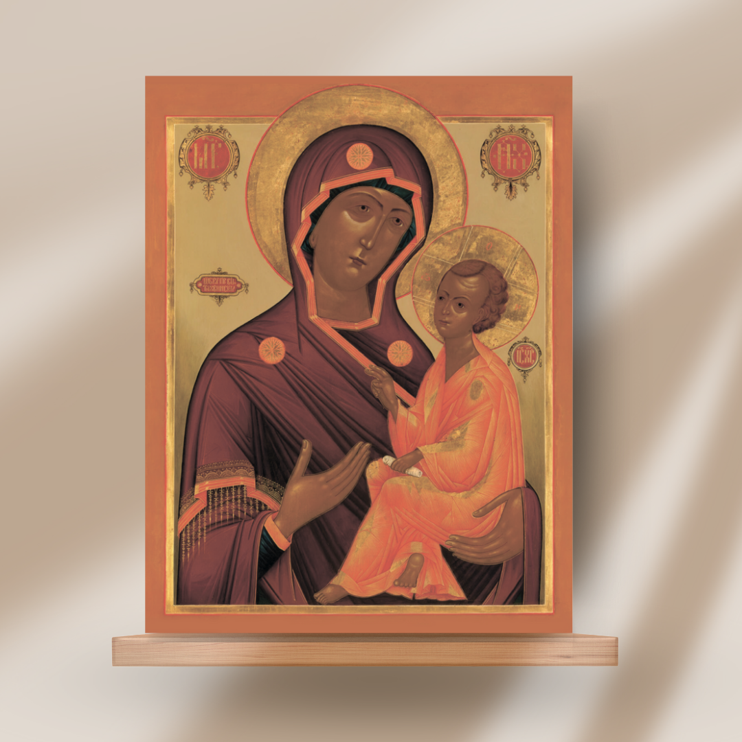 Orthodox icon of the Tikhvin Mother of God with Christ Child, traditional Russian style
Tikhvin Virgin Mary icon with golden halo and Byzantine composition for Christian devotion