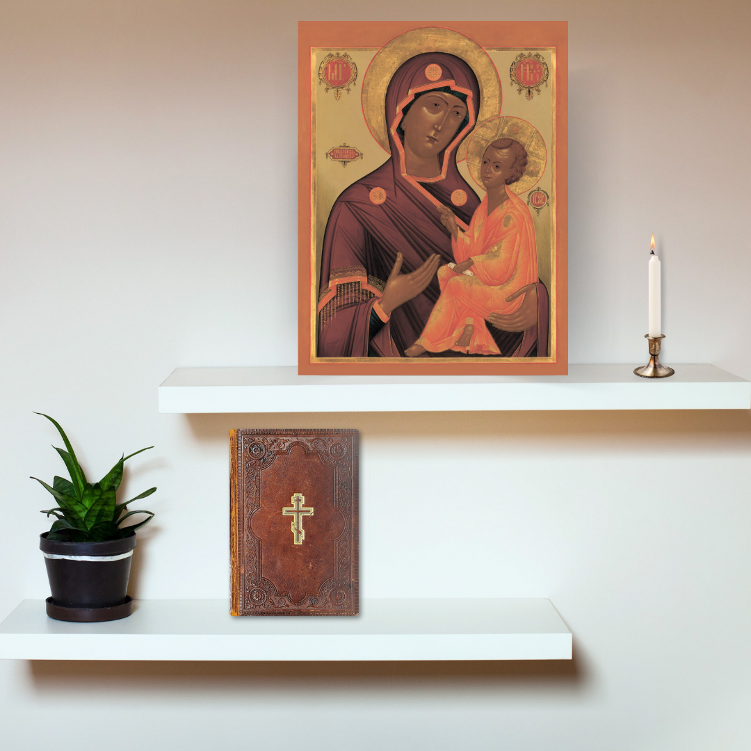 Close-up of Tikhvin Mother of God Orthodox icon with soft traditional colors and detailing