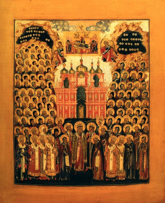 The Assembly of the Venerable Fathers of the Kiev Caves Saints. Wooden orthodox icon.