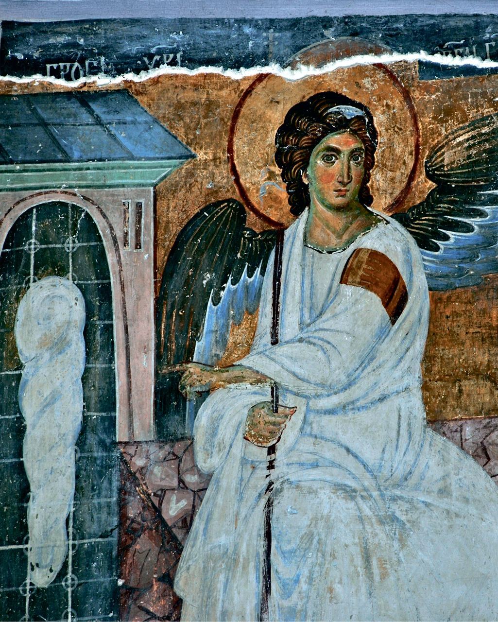 White Angel – fresco from the Mileševa Monastery, symbol of Serbia. Wooden orthodox icon.