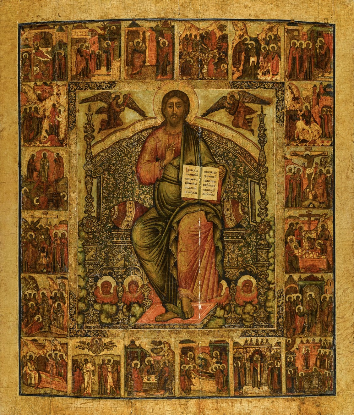 Lord Jesus Christ the Savior Pantocrator enthroned, with twenty church festivals. Wooden orthodox icon