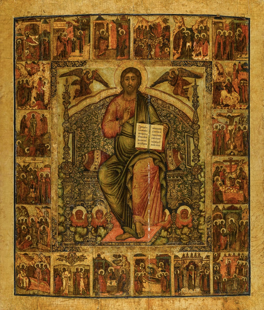 Lord Jesus Christ the Savior Pantocrator enthroned, with twenty church festivals. Wooden orthodox icon