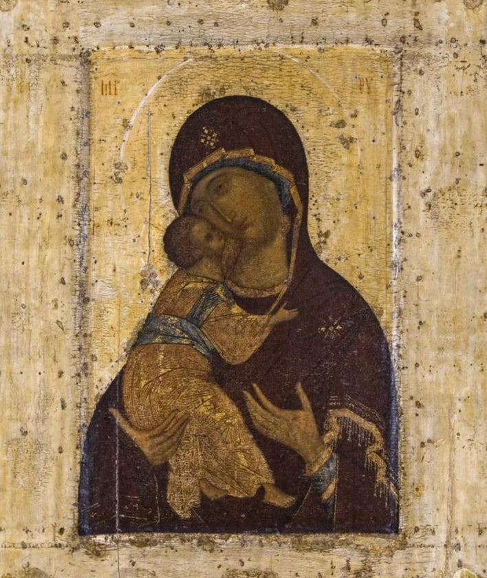 Mother of God Virgin Mary the Theotokos of Vladimir by Andrei Rublev. Wooden orthodox icon