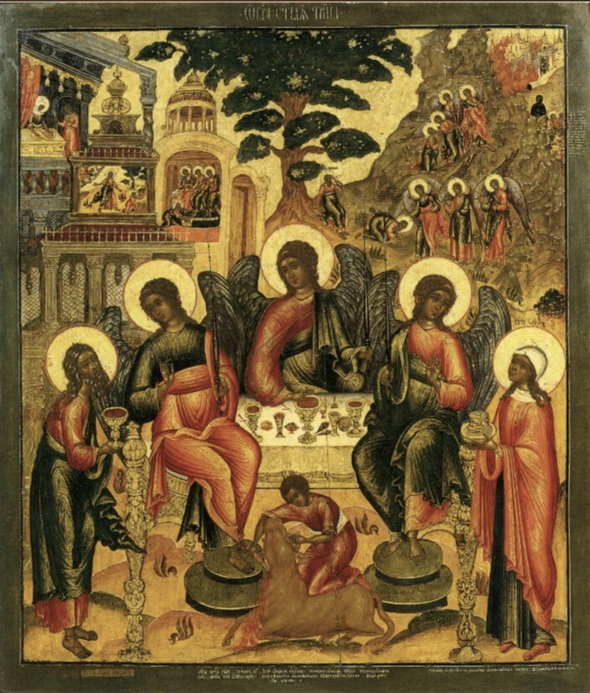 The Old Testament Trinity or Hospitality of Abraham. Wooden orthodox icon