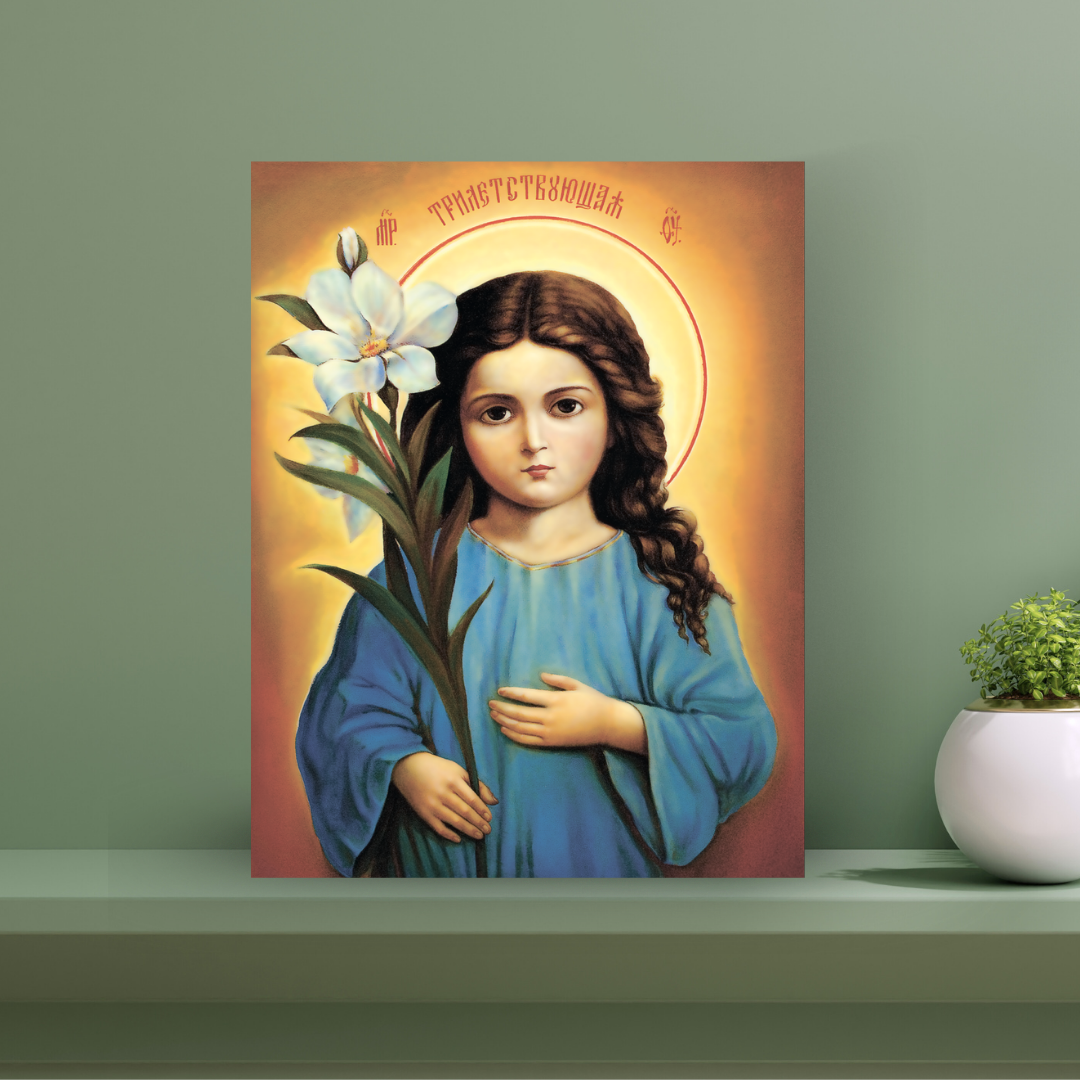 Wooden Icon of the Virgin Mary at 3 Years Old – Symbol of Purity and Holiness