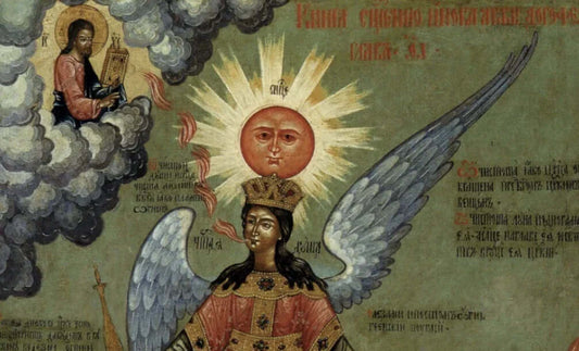 Orthodox icon painting with a winged angel, radiant sun face, and bearded figure in clouds