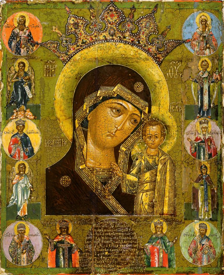 Wooden Icon of the Mother of God of Kazan (Kazanskaya) with Saints