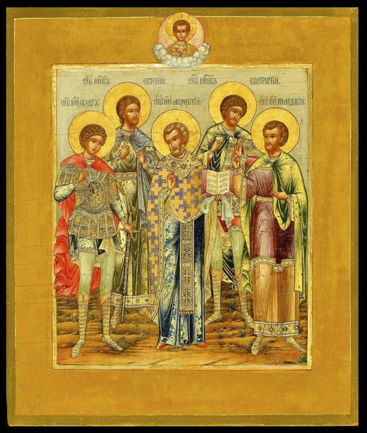 Saints Martyrs of Sebaste Eustratius, Auxentius, Eugene, Mardarius, and Orestes. Wooden orthodox icon.