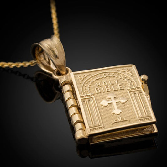 Necklace openable Holy Bible Book gold pendant