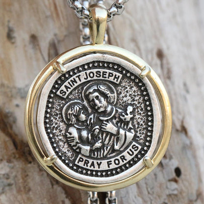 Heavy Saint Joseph Medal Travelers Pendant Necklace