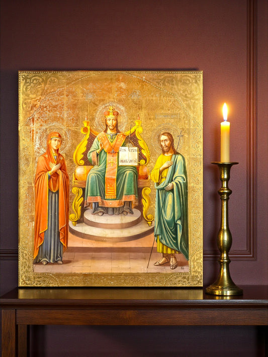 Herr Jesus Christus, der allmächtige Erlöser, auf dem Thron (Deesis-Ikone). Orthodoxe Ikone aus Holz