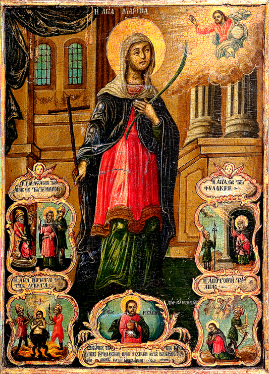 Holy Great Martyr Marina (Margaret) of Antioch, with Scenes from Her Life. Wooden orthodox icon.