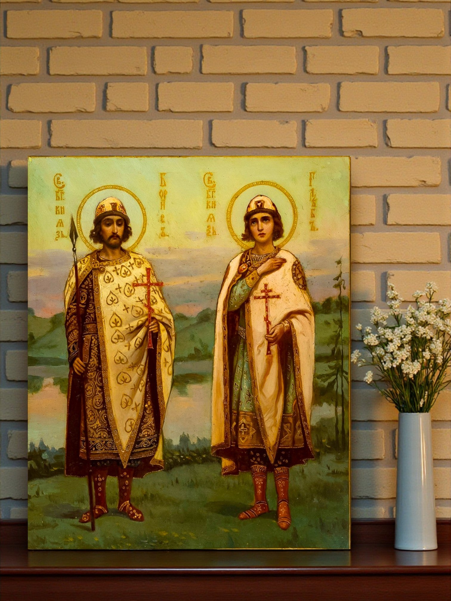 Saints Boris and Gleb Russian Orthodox icon 1910 style