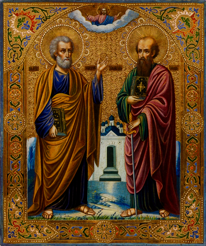 Wooden Icon of the Holy Apostles Peter and Paul and Jesus Christ