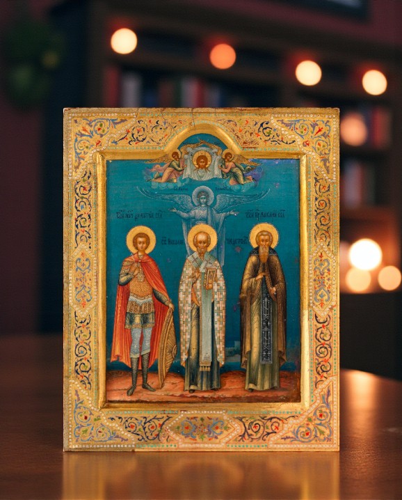 Saints Demetrius of Thessaloniki, Nicholas the Wonderworker and  Macarius of Kalyazin icon