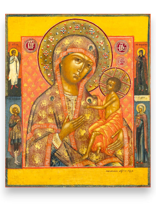 Orthodox icon of the Mother of God “O All Praised Mother” with Guardian Angel and Saints. Rare antique museum-quality family icon.