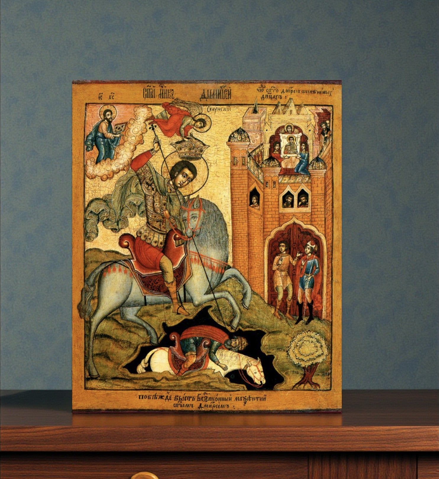 This Orthodox icon depicts Saint Demetrius of Thessaloniki, the Holy Great Martyr and renowned heavenly protector, shown on horseback and surrounded by scenes from his life and miracles.