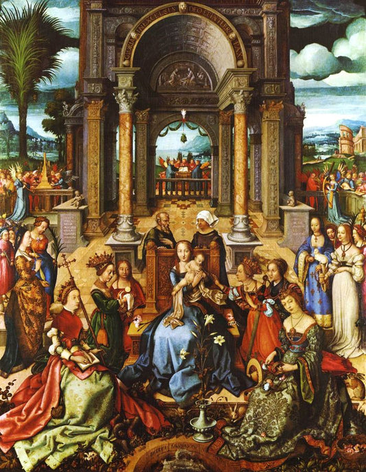 Virgin Mary and Child Among Saints and Angels – Antwerp Mannerist Sacra Conversazione Sacred Art Print | Holy Kinship Altarpiece of the Madonna Enthroned with Female Martyrs, for Catholic & Christian Prayer & Devotion