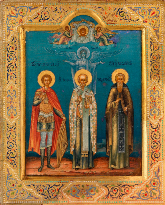 Saints Demetrius of Thessaloniki, Nicholas the Wonderworker, and  Macarius of Kalyazin with the Guardian Angel before the Icon of the Christ "Not Made by Hands". Wooden orthodox icon.