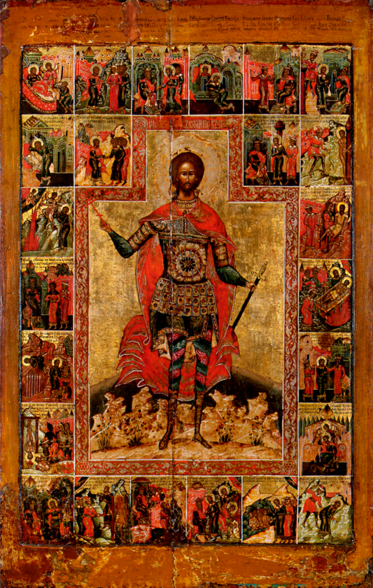 Great Martyr Nicetas with Scenes from His Life. Wooden orthodox icon.