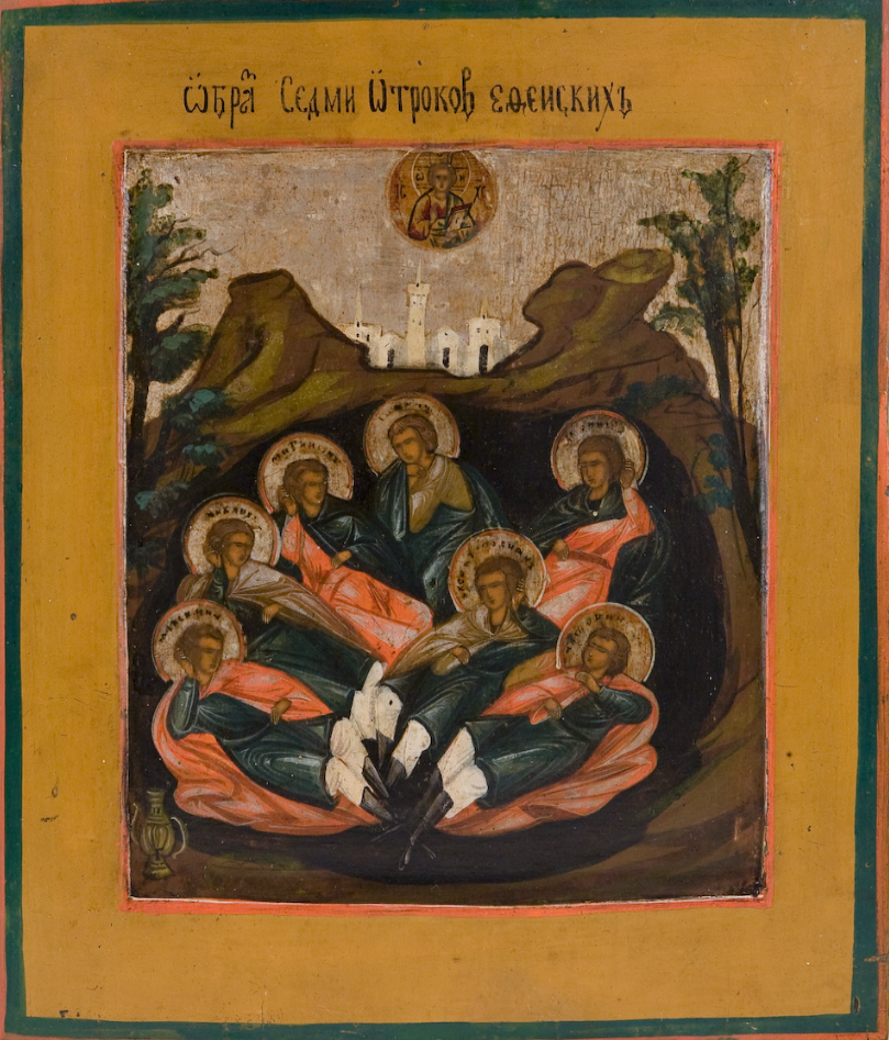 The Seven Sleepers of Ephesus. Wooden orthodox icon.