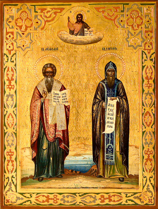 Equal-to-the-Apostles Saints Cyril and Methodius. Wooden orthodox icon.