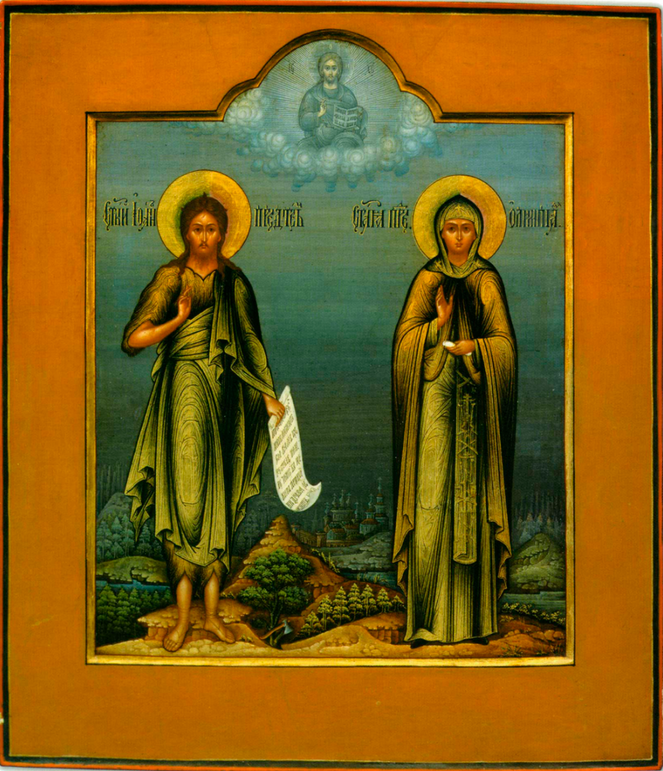 Saints Baptist John the Forerunner and Venerable Olympias of Constantinople. Wooden orthodox icon.