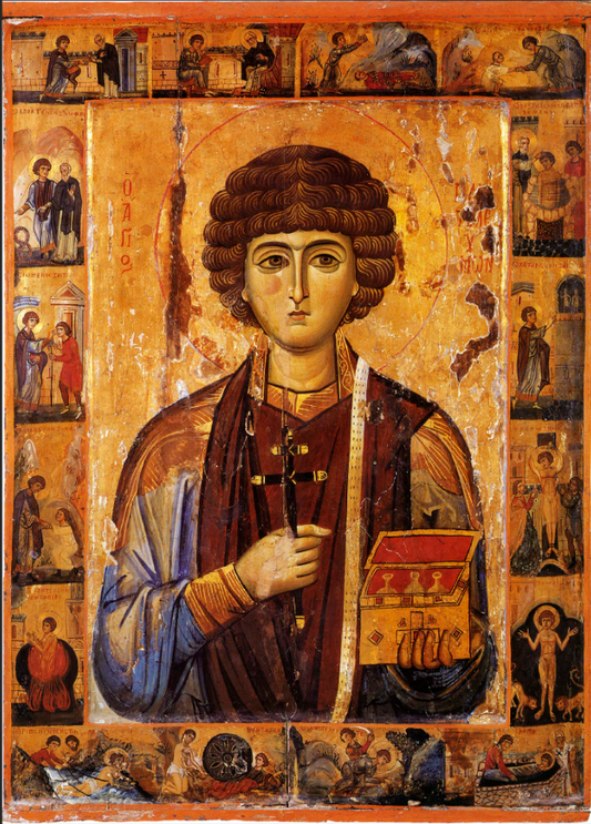 Saint Great Martyr Panteleimon the Healer with Scenes from His Life. Wooden orthodox icon.