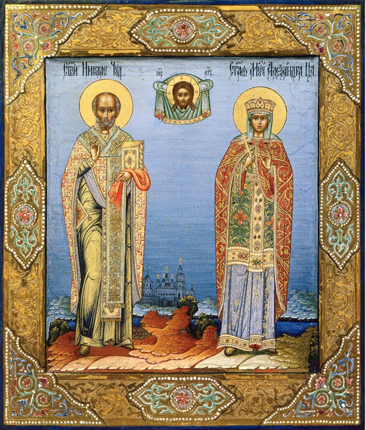 Saint Nicholas the Wonderworker and Empress Alexandra. Wooden orthodox icon.