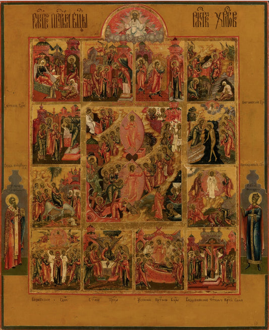 Wooden Icon of the Resurrection of Lord Jesus Christ with the twelve Great Feasts