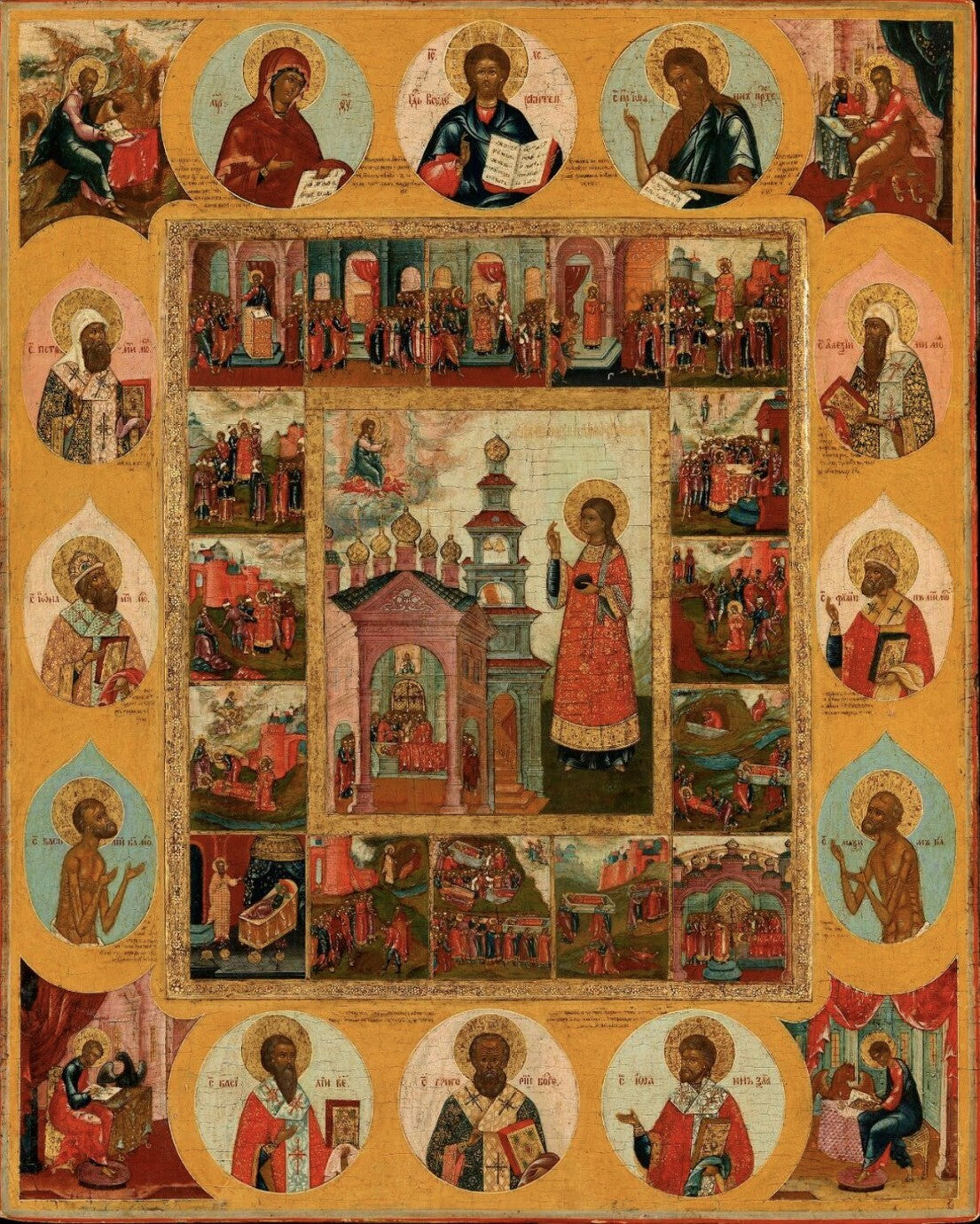 Saint Stephen the Apostle, Protomartyr and Archdeacon with scenes from his life. Wooden orthodox icon.