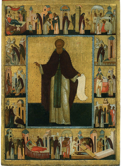 Wooden Icon of Saint Sergius of Radonezh with scenes from his life