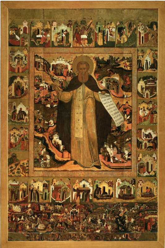 Saint Venerable Abbot Sergius of Radonezh, with Scenes from His Life and the Battle of Kulikovo. Wooden orthodox icon.