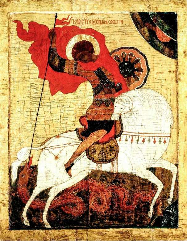 Saint great martyr George the Victorious. The Miracle of Saint George and the Dragon. Wooden orthodox icon.