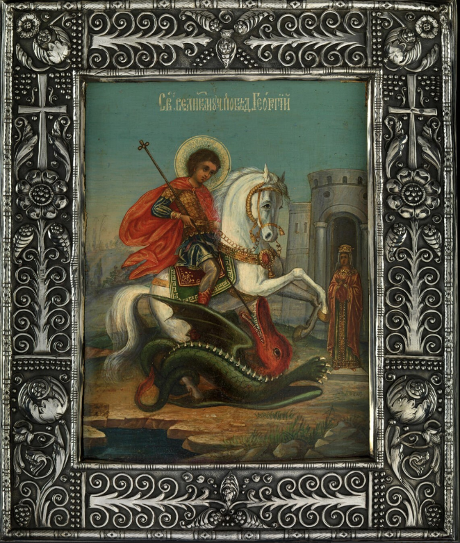 Saint great martyr George the Victorious. The Miracle of Saint George and the Dragon. Wooden orthodox icon.