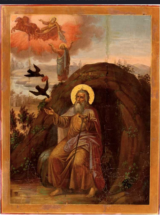 Holy Prophet Elijah in the Desert. Wooden orthodox icon.