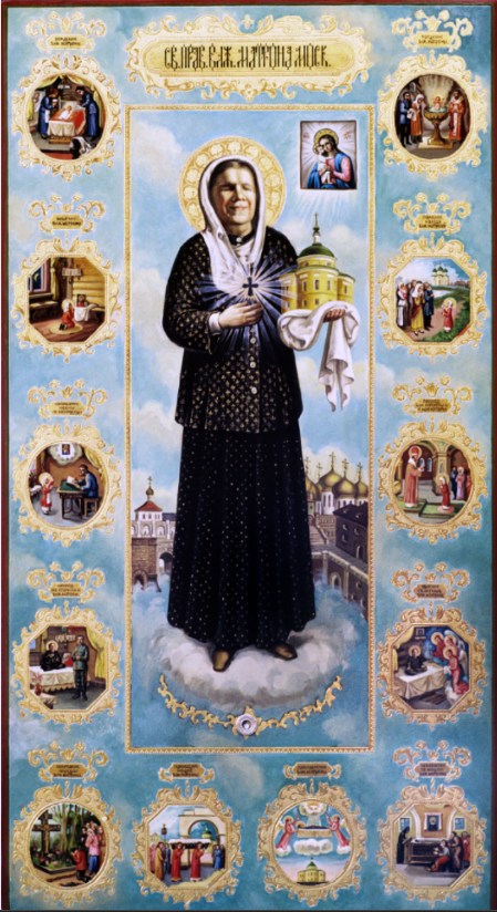 Holy Blessed Eldress Matrona of Moscow, with Scenes from Her Life. Wooden orthodox icon.