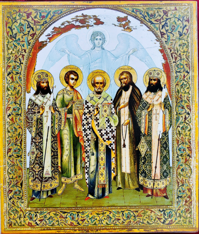 Nicholas the Wonderworker, Seraphim of Sarov, Panteleimon with the Guardian Angel and Saints. Wooden orthodox icon.