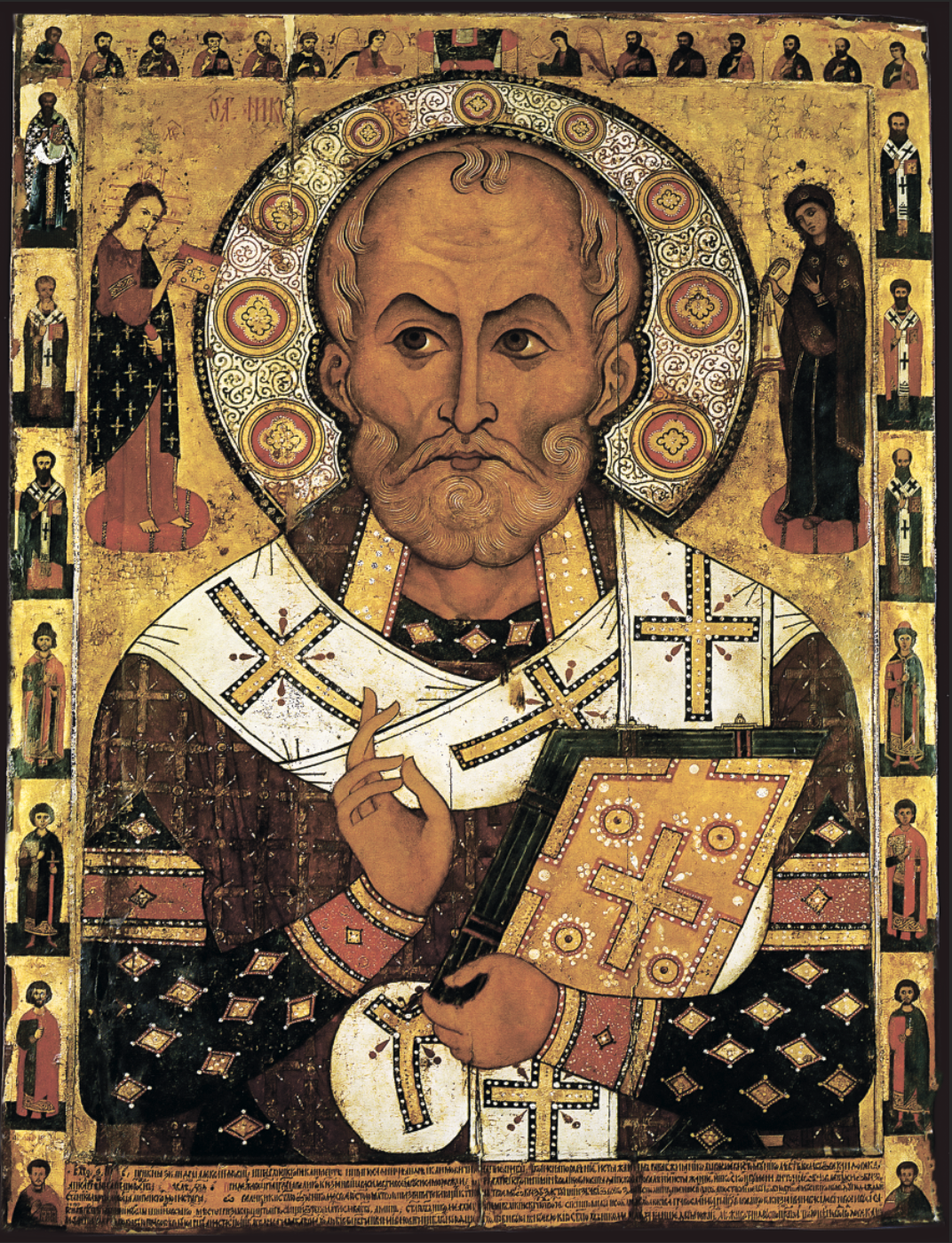 1294 Novgorod Orthodox icon of Saint Nicholas with angels and martyrs

Wooden Orthodox wall icon of Saint Nicholas Lipensky 13th century artwork