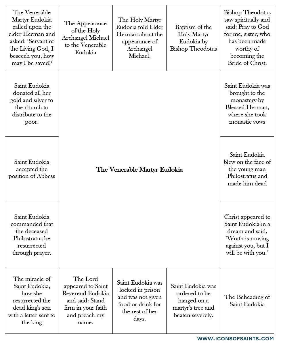 Saint Venerable Martyr Eudokia of Heliopolis with scenes from her life. Wooden orthodox icon.